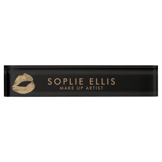 Make Up Gold Glitter Lips Black Personalize Name Desk Name Plate (Front)