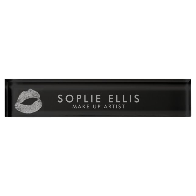 Make Up Silver Glitter Lips Black Personalize Name Desk Name Plate (Front)