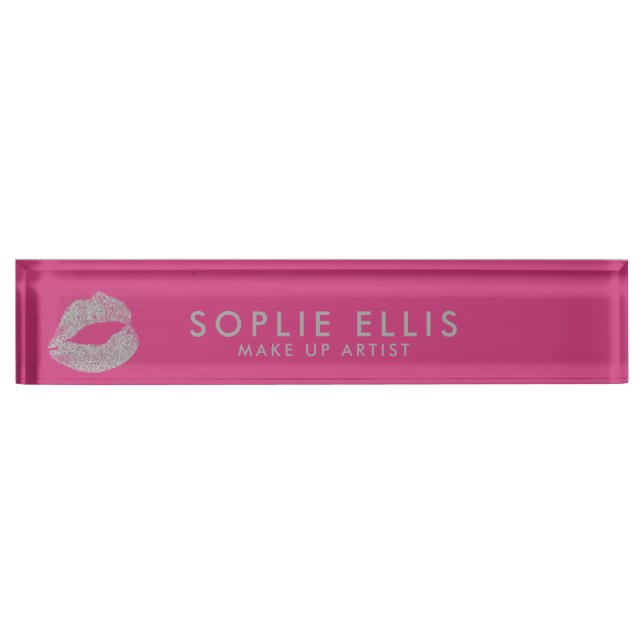 Make Up Silver Glitter Lips Pink Personalize Name Desk Name Plate (Front)