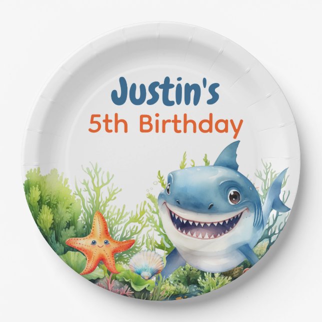 Make Waves Happy Shark Under the Sea Birthday Paper Plates (Front)