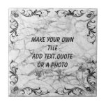 MAKE YOU OWN CERAMIC TILE<br><div class="desc">MAKE YOUR OWN--------ON WHITE MARBLE LOOK BACKGROUND-----USE ANY BACKGROUND COLOR,  QUOTE,  PHOTO OR DESIGN-----ANY FONT AND FONT COLOR-------PHOTO WILL BE BEHIND CORNER DESIGNS-----SMALL TILE MAKES A GREAT DRINK COASTER.</div>