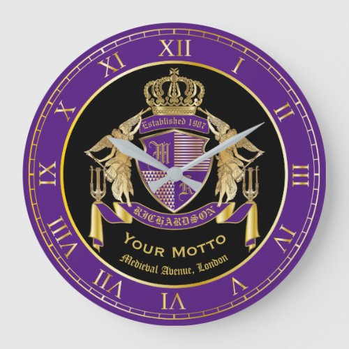 Make Your Coat of Arms Gold Angel Purple Emblem Large Clock