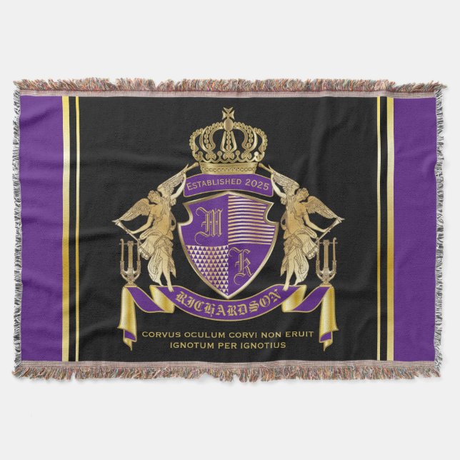 Make Your Coat of Arms Gold Angel Purple Emblem Throw Blanket (Front)