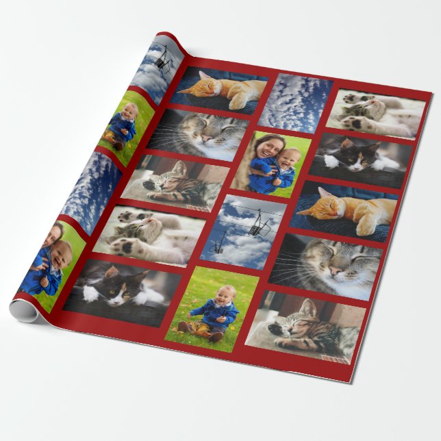 Make Your Own 9 Photo Collage on Dark Red Wrapping Paper (Unrolled)