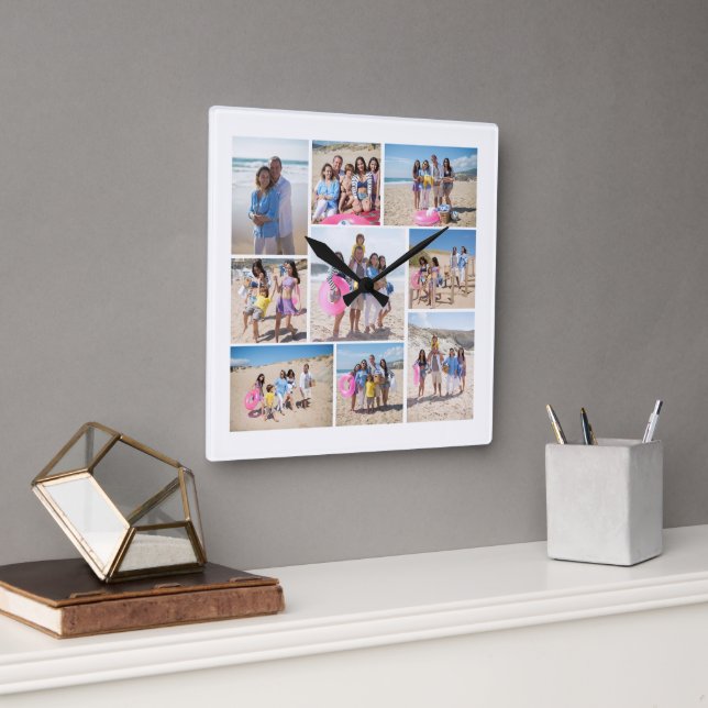 Make Your Own 9 Photo Collage Personalized Square Wall Clock (Office)