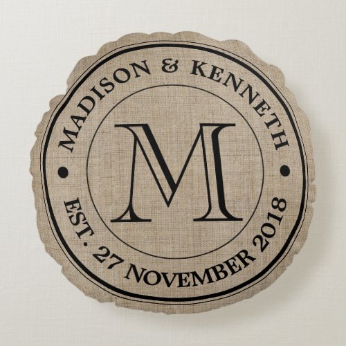 Make Your Own Burlap Retro Logo Monogram Round Pillow