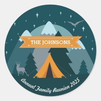 Make Your Own Camping Mountain Outdoor Adventure Classic Round Sticker by BCMonogramMe at Zazzle