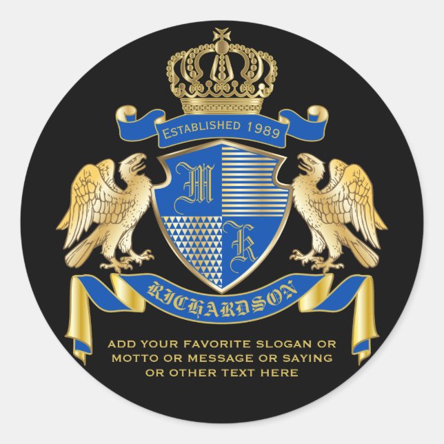 Make Your Own Coat of Arms Blue Gold Eagle Emblem Classic Round Sticker (Front)