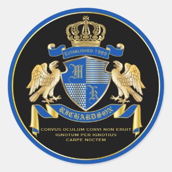 Make Your Own Coat Of Arms Blue Gold Eagle Emblem Classic Round Sticker by BCVintageLove at Zazzle