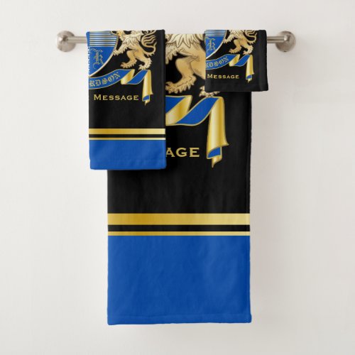 Make Your Own Coat of Arms Blue Gold Lion Emblem Bath Towel Set