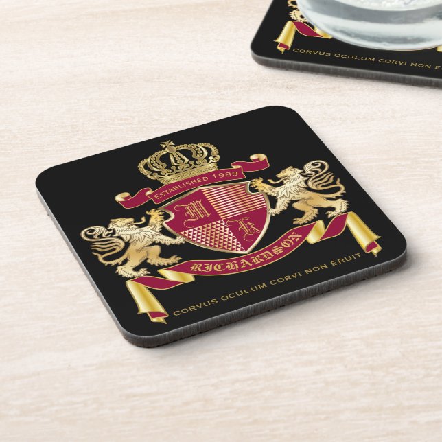 Make Your Own Coat of Arms Blue Gold Lion Emblem Beverage Coaster (Left Side)