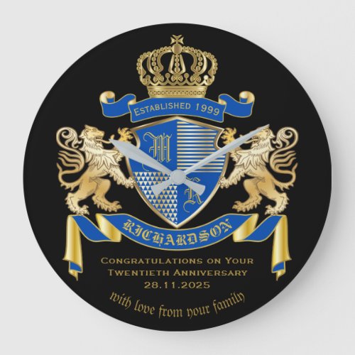 Make Your Own Coat of Arms Blue Gold Lion Emblem Large Clock