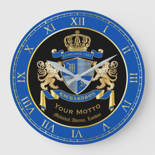 Make Your Own Coat of Arms Blue Gold Lion Emblem Large Clock
