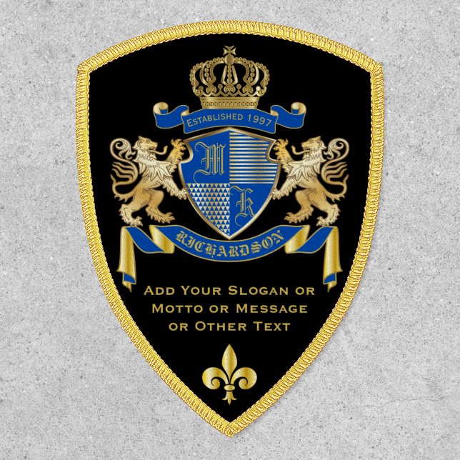 Make Your Own Coat of Arms Blue Gold Lion Emblem Patch (Front)