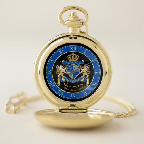 Make Your Own Coat of Arms Blue Gold Lion Emblem Pocket Watch
