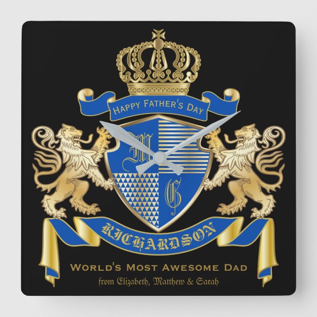 Make Your Own Coat of Arms Blue Gold Lion Emblem Square Wall Clock (Front)