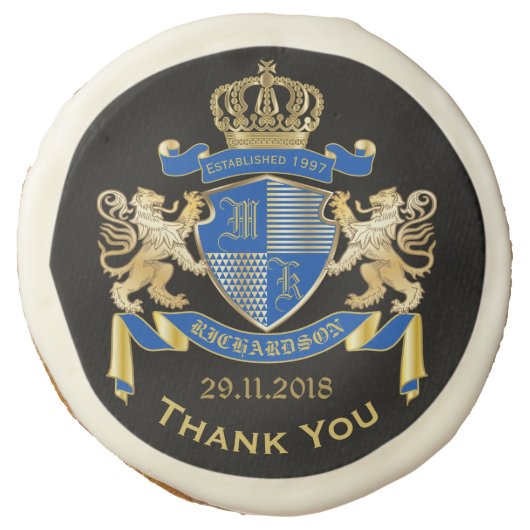 Make Your Own Coat of Arms Blue Gold Lion Emblem Sugar Cookie (Front)