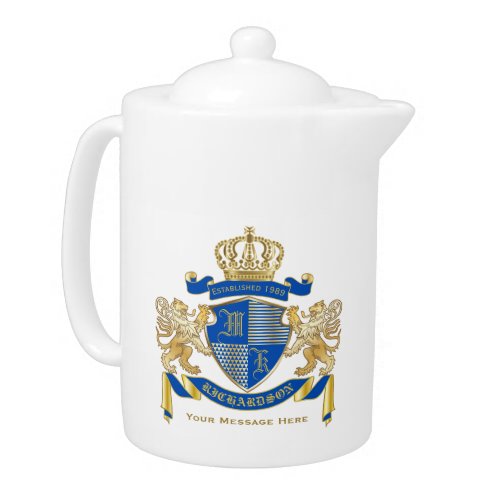 Make Your Own Coat of Arms Blue Gold Lion Emblem Teapot