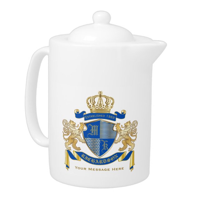 Make Your Own Coat of Arms Blue Gold Lion Emblem Teapot (Left)