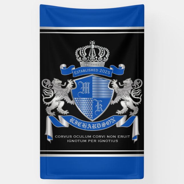 Make Your Own Coat of Arms Blue Silver Lion Emblem Banner (Vertical)