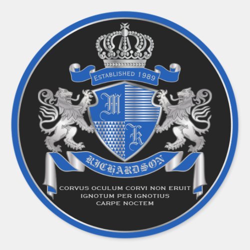 Make Your Own Coat of Arms Blue Silver Lion Emblem Classic Round Sticker