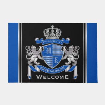 Make Your Own Coat Of Arms Blue Silver Lion Emblem Doormat by BCVintageLove at Zazzle