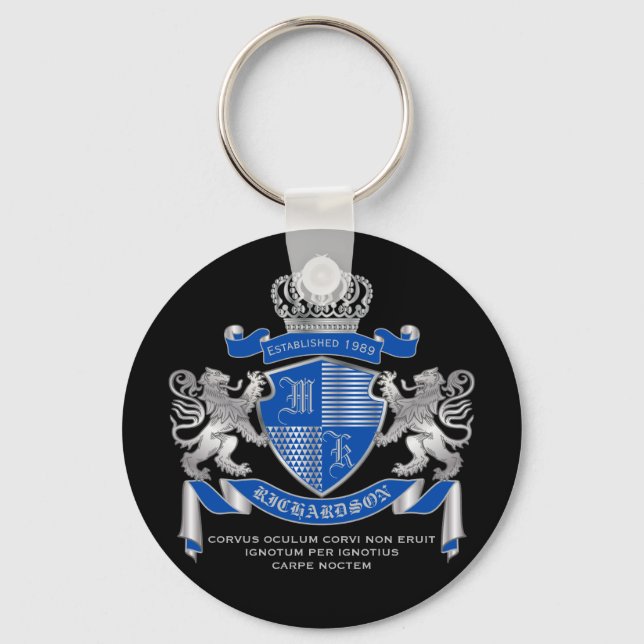 Make Your Own Coat of Arms Blue Silver Lion Emblem Keychain (Front)