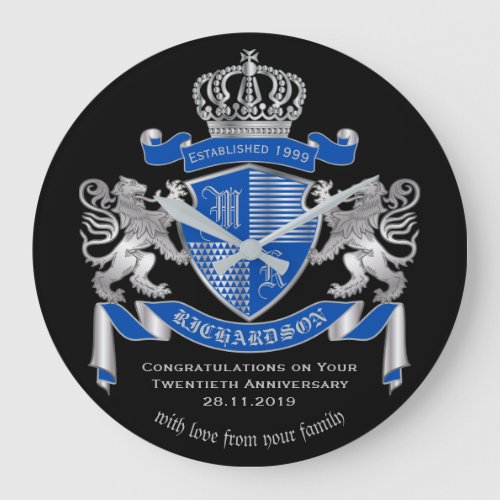 Make Your Own Coat of Arms Blue Silver Lion Emblem Large Clock