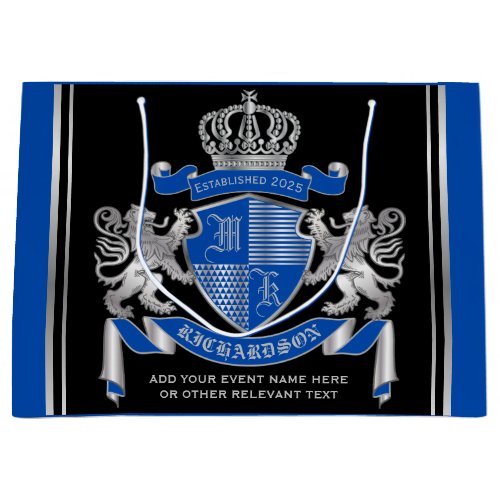 Make Your Own Coat of Arms Blue Silver Lion Emblem Large Gift Bag