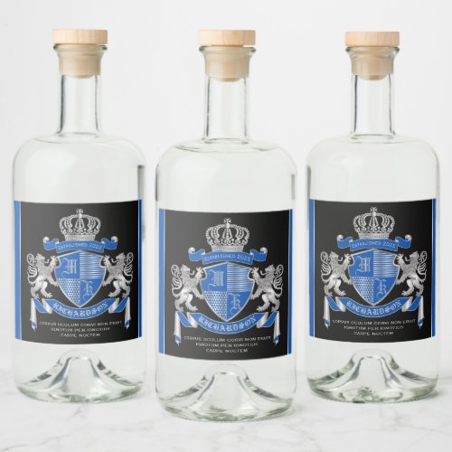 Make Your Own Coat of Arms Blue Silver Lion Emblem Liquor Bottle Label