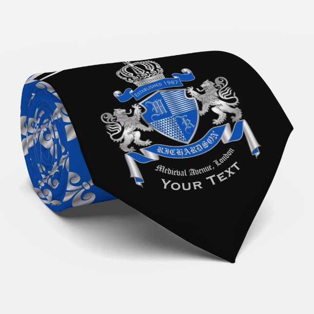 Make Your Own Coat of Arms Blue Silver Lion Emblem Neck Tie (Rolled)