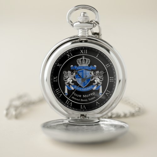 Make Your Own Coat of Arms Blue Silver Lion Emblem Pocket Watch