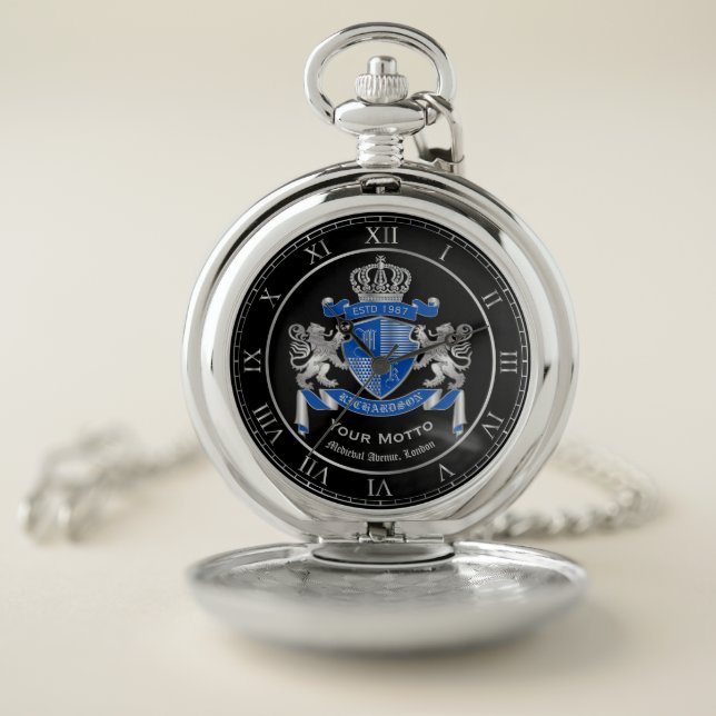 Make Your Own Coat of Arms Blue Silver Lion Emblem Pocket Watch (Inside)