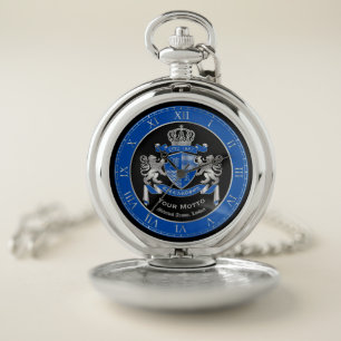 Make Your Own Coat of Arms Blue Silver Lion Emblem Pocket Watch