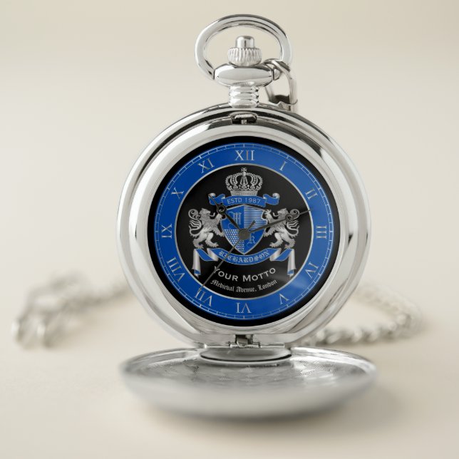 Make Your Own Coat of Arms Blue Silver Lion Emblem Pocket Watch (Inside)
