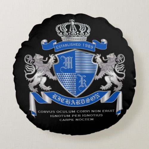 Make Your Own Coat of Arms Blue Silver Lion Emblem Round Pillow