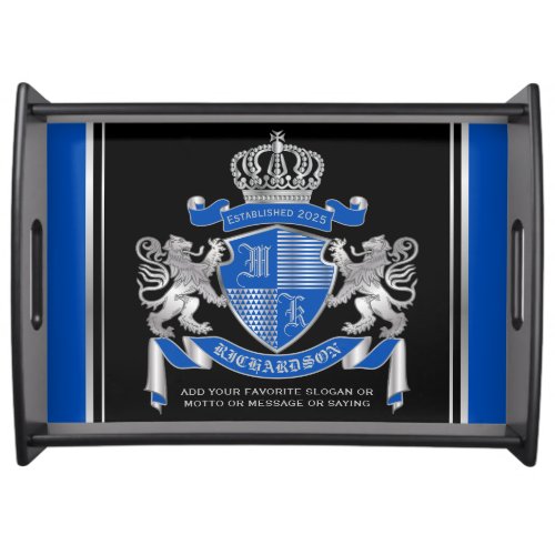 Make Your Own Coat of Arms Blue Silver Lion Emblem Serving Tray