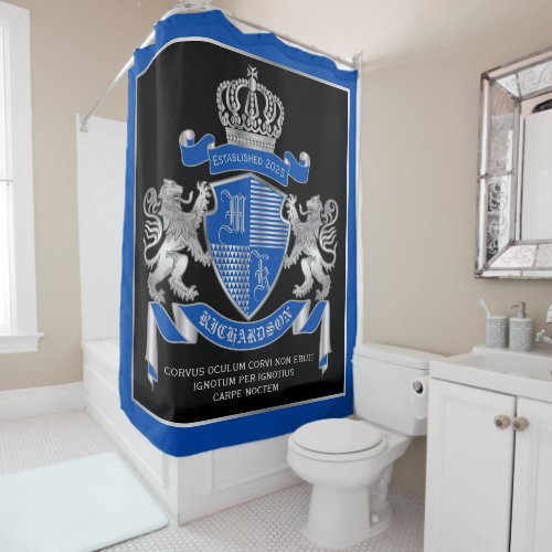 Make Your Own Coat of Arms Blue Silver Lion Emblem Shower Curtain