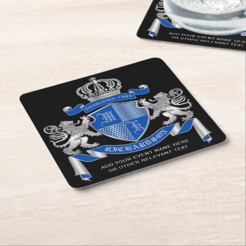 Make Your Own Coat of Arms Blue Silver Lion Emblem Square Paper Coaster