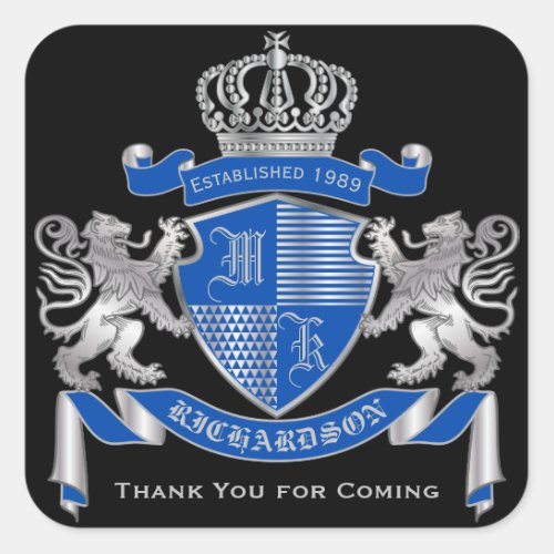 Make Your Own Coat of Arms Blue Silver Lion Emblem Square Sticker