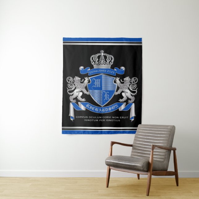 Make Your Own Coat of Arms Blue Silver Lion Emblem Tapestry (In Situ)