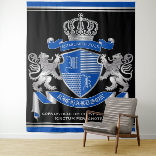 Make Your Own Coat of Arms Blue Silver Lion Emblem Tapestry