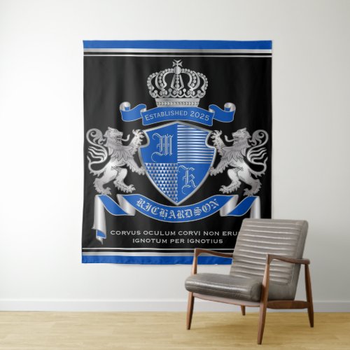 Make Your Own Coat of Arms Blue Silver Lion Emblem Tapestry