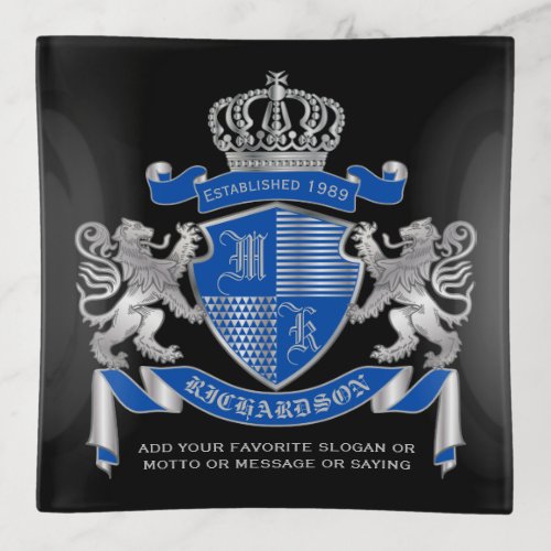 Make Your Own Coat of Arms Blue Silver Lion Emblem Trinket Tray