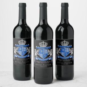 Make Your Own Coat of Arms Blue Silver Lion Emblem Wine Label