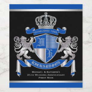 Make Your Own Coat of Arms Blue Silver Lion Emblem Wine Label
