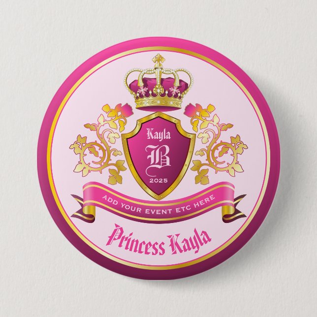 Make Your Own Coat of Arms Gold Crown Pearls Pink Button (Front)