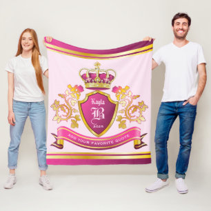 Make Your Own Coat of Arms Gold Crown Pearls Pink Fleece Blanket