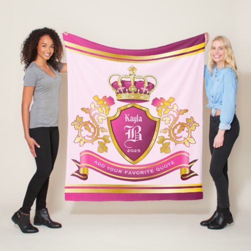 Make Your Own Coat of Arms Gold Crown Pearls Pink Fleece Blanket