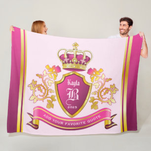 Make Your Own Coat of Arms Gold Crown Pearls Pink Fleece Blanket